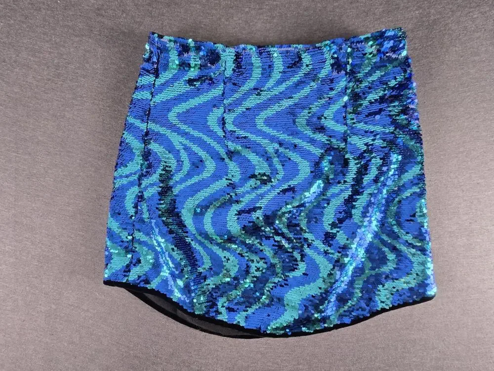 Zara Sequin Skirt Womens Small Blue Geometric Mini Lined Party Club Holiday